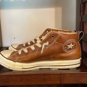 Lightly Worn Brown/Cognac Leather High Top Converse Sneakers - Size 9 Womens